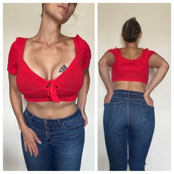 SHEIN Crop Top Red Ribbed Stretch Front Tie Festival Party - Picture 3 of 9